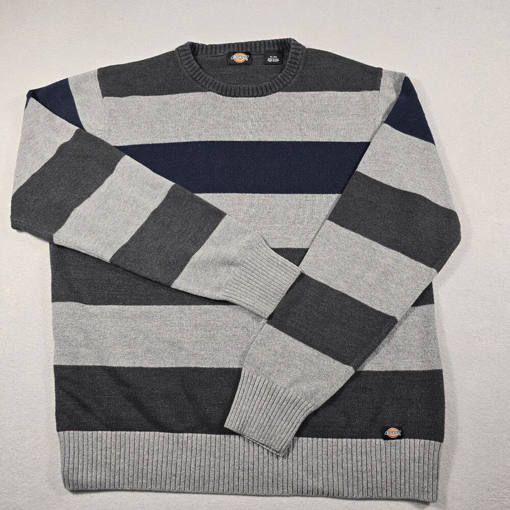 Dickies Men's XL Gray/Charcoal Gray/Blue Pullover Knit Sweater Crewneck Striped